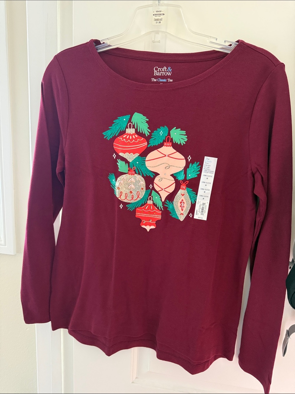 croft & barrow Burgundy Long-Sleeve Ornament Print Tee
